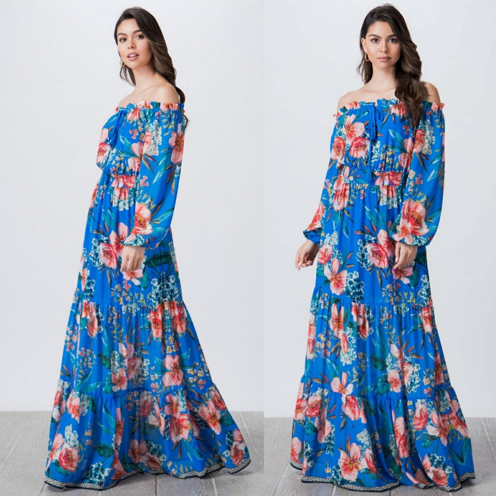 Vann Floral Printed Maxi Dress- Blue